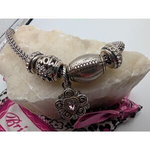 Brighton Silver Tone Charm Bracelet w MOM Football Pink Heart Dangle Mesh